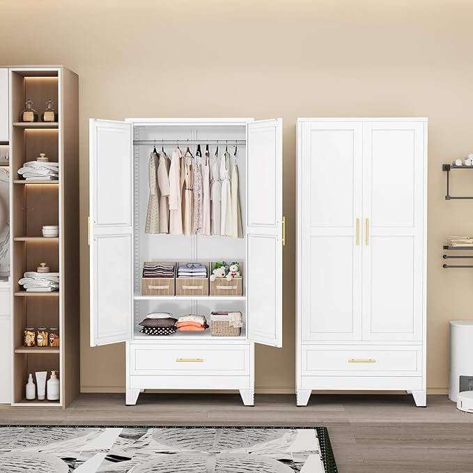 Metal Armoire Wardrobe Closet with Drawers,Storage Cabinet with Hanging Rod,71'' Metal Wardrobe Cabinet with 2 Doors and Adjustable Shelves for Bedroom, Laundry Room, Cloak Room