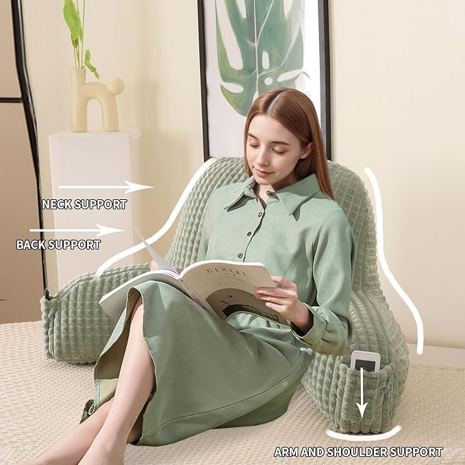Reading Pillow for Sitting in Bed, Large Backrest Reading Pillow with Arm Rest,Back-Rest Support Cushion for Sit Up on Couch, Sofa, and Floor, Dorm Essentials (Green Flannel, Standard(17inch))