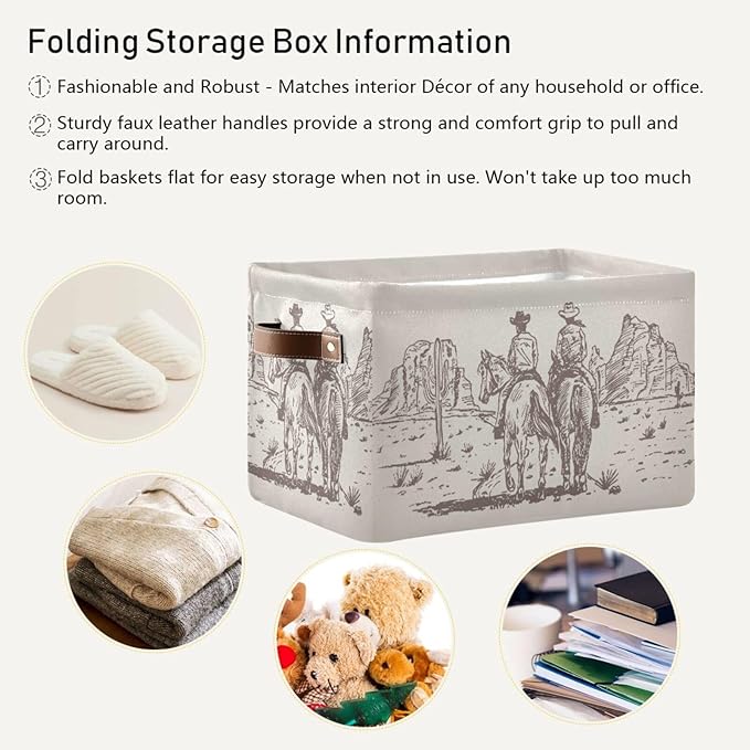 Western Desert Cowboy Storage Basket Cube Storage Bins Organizer Bag Collapsible Closet Shelf Baskets with handle for Cloth Book 14.2×10.2×8.3 IN