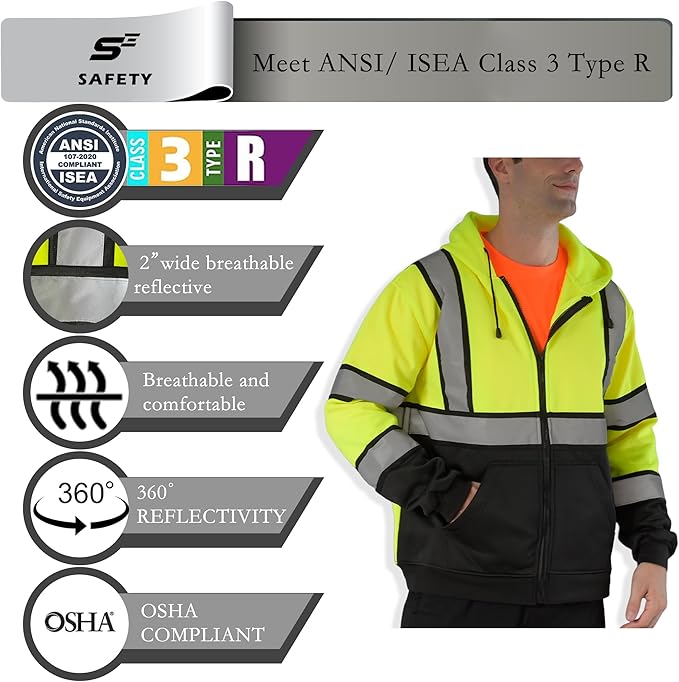 sesafety Hi-Vis Zipper Hoodie, Class 3 Reflective Safety Sweatshirt with Black Bottom, High visibility Jacket for Men