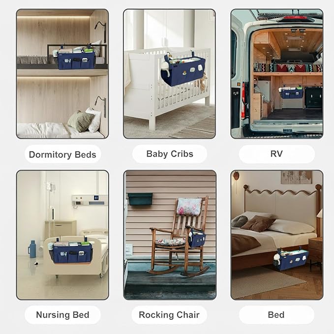 Surblue Bedside Organizer with Hook Bedside Caddy Hanging Storage Bag with Adjustable Straps and Water Bottle Holder for Home College Dorm Bunk Bed Accessories, Crib Bed Rails, Hospital Bed，Navy