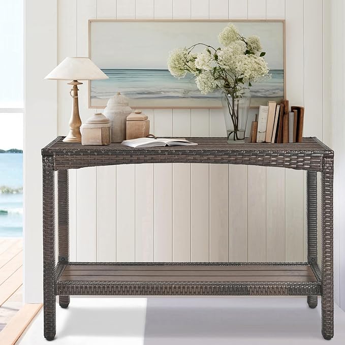 Outdoor Console Table Patio Buffet Bar Storage Organizer 45" Long Wicker Sofa Serving Sideboard Table 2-Shelf Outdoor Bar Table Tall Rectangle Narrow with Adjustable Feet for Entryway Balcony Brown