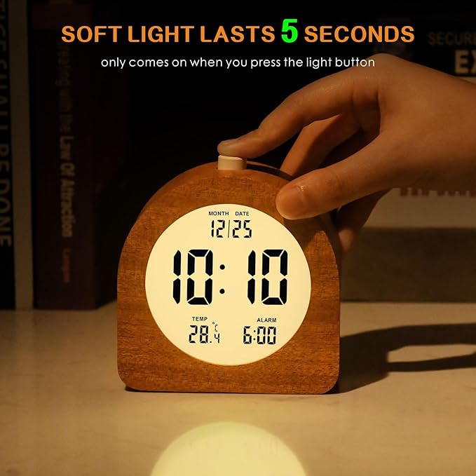 Plumeet Wooden Digital Alarm Clock for Bedrooms, Wood 4'' Battery Powered Alarm Clock with Snooze and Nightlight, Electronic LCD Desk Clock Display Time, Date, Temp, 12/24H, Wood Décor, Round, Sapele