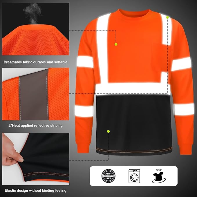 High Visibility Class 3 T Shirts，Hi Vis Safety Shirts with Reflective Strips and Pocket, Long Sleeve Quick Dry Mesh Construction Work Shirt for Men/Women Black Bottom Orange,5XL
