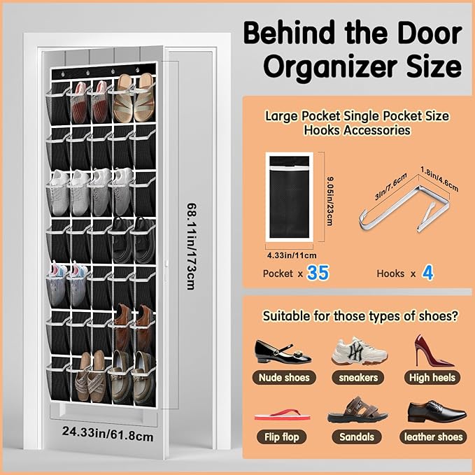 35 Compartment Over The Door Storage - Breathable Mesh Hanging Organizer with Large Pockets, Space Saving Design for Men & Women's Footwear, Closet, Bedroom- Black (Black, 35-Pocket)