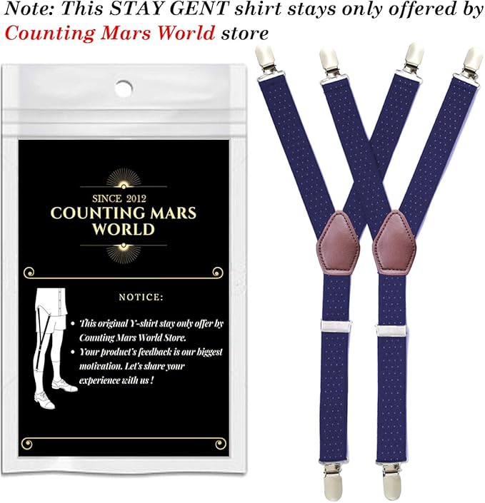 STAY GENT Y-Style Shirt Stays For Men with Non-Slip Locking Clamps and Adjustable Elastic Straps