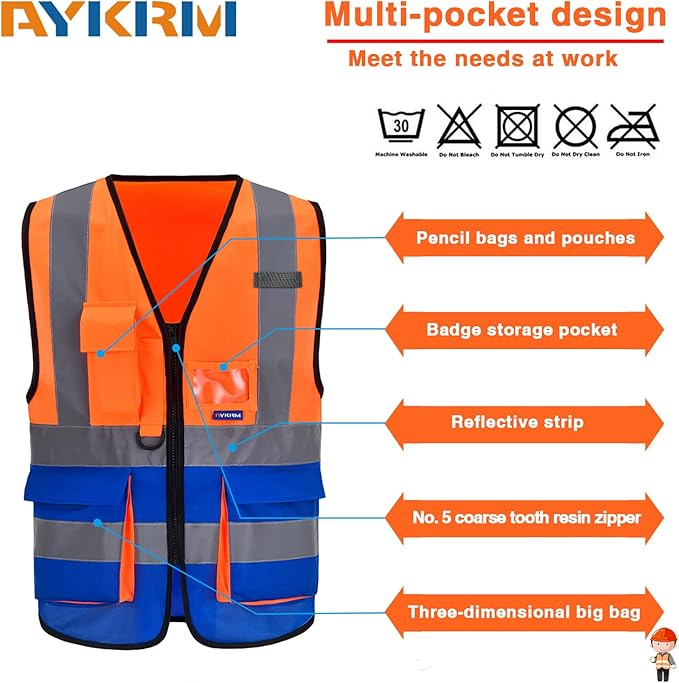 Orange Blue 6XL 7XL 8XL High Visibility REFLECTIVE Safety Vest with zipper Reflective Strips 7 Pockets