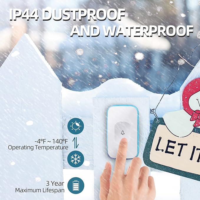 Wireless Doorbell Waterproof 1200 feet Door Bell with 2 Buttons with Different Tones Operating at 36 Melodies 4 Volume levels Flash Light 1 Receiver 2 Button White JSIEEM