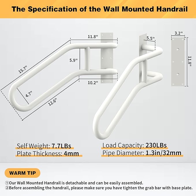 Right Side Wall Mounted handrail, Garge Door Stair Railing for 1-3 Steps(Polished White, Right Side, 230LBs Loading)