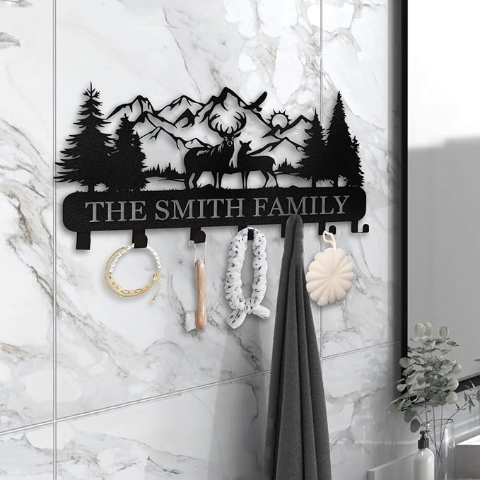 Personalized Key Holder for Wall - Custom Name Forest Deer Coat Rack Mount With Hooks, Metal Key Holder Decor, Key Hanger for Bedroom Kitchen Office