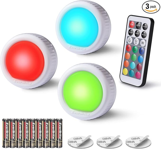 EverBrite Tap Light, Push Light, LED Puck Lights with 12 RGB Colors, Wireless Touch Light Under Cabinet, 80 Lumens Night Light for Closet, Bedroom, Wall, Classroom, 9 AAA Batteries Included, 3-Pack