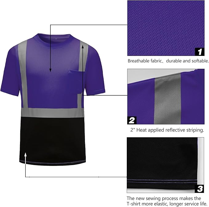 High Visibility Shirts Quick Dry Safety T Shirts with Reflective Strips and Pocket Short Sleeve Mesh Hi Vis Construction Work Class 2 Shirt for Men/Women Black Bottom Purple,Large