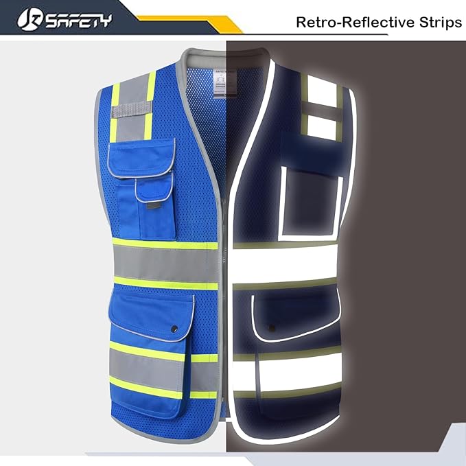 JKSafety 9 Pockets Hi-Vis Safety Vest Breathable Mesh Fabric Cushioned Collar Work Utility PPE Lightweight Industrial Work Gear ANSI/ISEA compliant (101-Blue M)