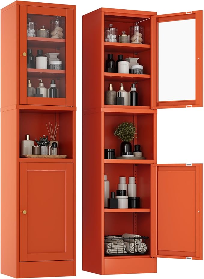 2-Door Metal Storage Cabinet, Tall Slim Pantry Organizer with 3 Adjustable Shelves (120LBS/Shelf), Anti-Tipping Waterproof Cabinet for Bathroom/Kitchen/Home Office/Small Spaces,(1PC,Orange)