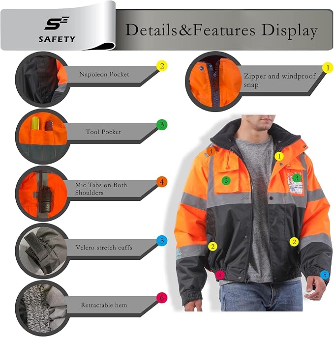 sesafety Reflective Jacket for Men, High Visibility Jackets, Safety Jackets for Men, Hi Vis Construction Bomber Jackets Waterproof with Pockets and Zipper, Black Bottom, Class 3
