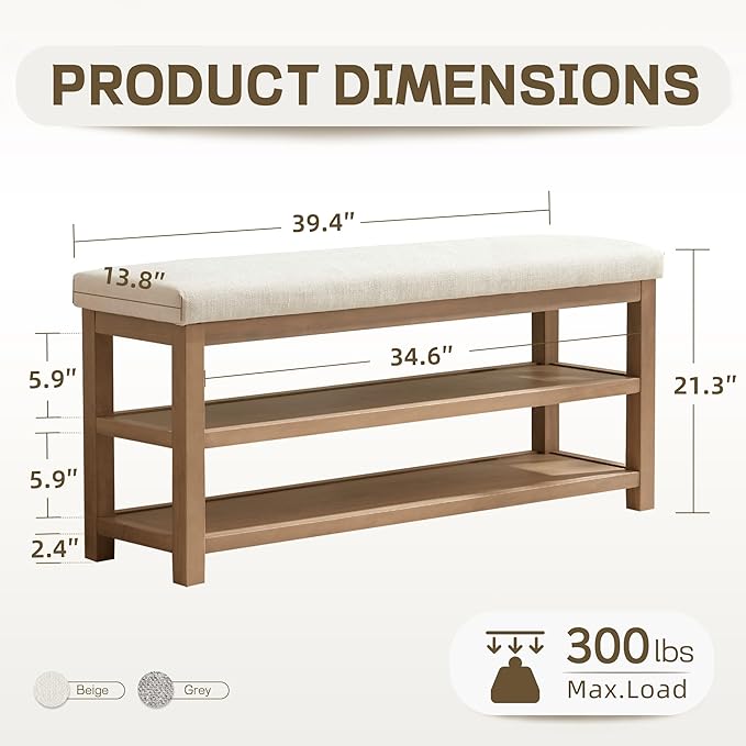 2 Tier Shoe Rack Bench with Cushion, Solid Wood Shoe Benches, Mid-Century Modern Shoe Storage Bench for Entryway, Hallway, Living Room, Closet, Front Door Entrance, (Beige, 39.4")