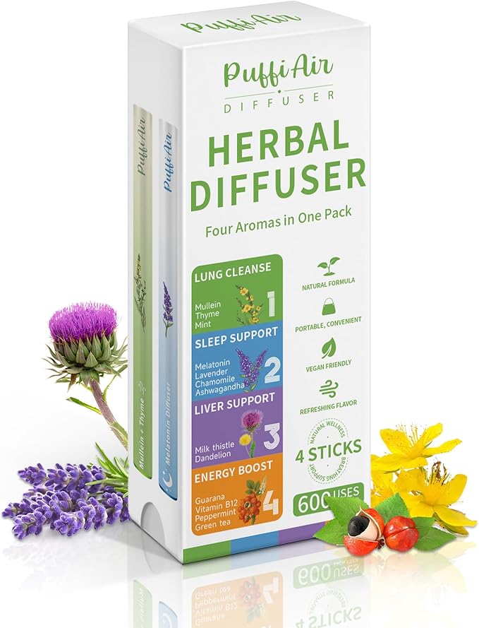 PUFFIAIR Complete Harmony Quad Herbal Diffuser Pen Set | Energy Calm Reset Blends | Green Purple Orange Blue | 4 Count