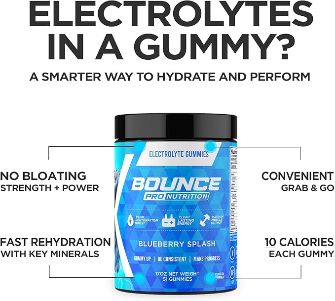 Bounce Pro Hydration Electrolyte Gummies – 75 Vegan Chewable Gummies with Sodium, Potassium & Magnesium for Running, Workouts & Endurance – No Sugar, Caffeine Free Electrolyte Chews, Blueberry Splash