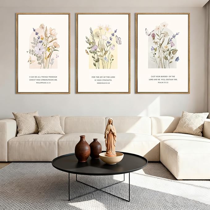 IARTTOP Extra Large Christian Floral Wall Art Framed 24x36 Inch Bible Verse Scripture Art Prints Minimalist Botanical Wildflower Religious Canvas Wall Decor for Living room Bedroom Set of 3