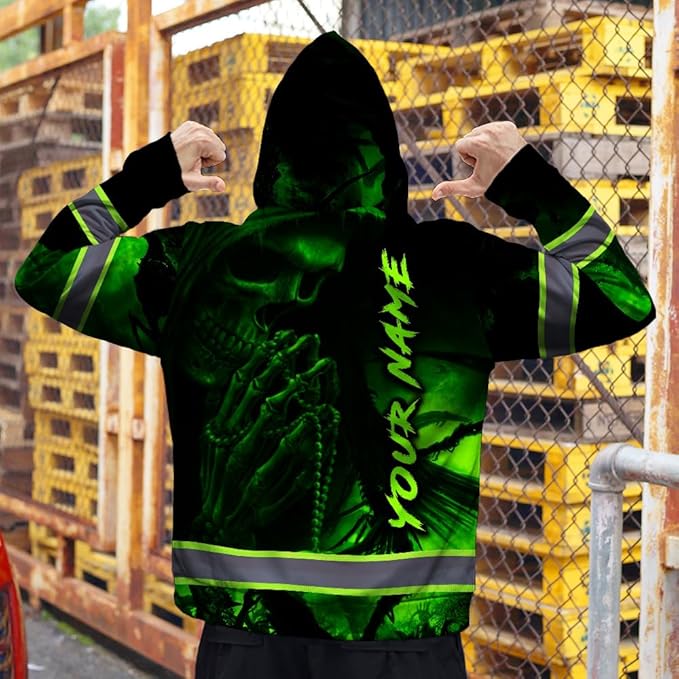 Maddly Hi Vis Reflective Zip Up Hoodie, High Visibility Safety Jacket with Skull Design for runner, worker, trucker, cyclist