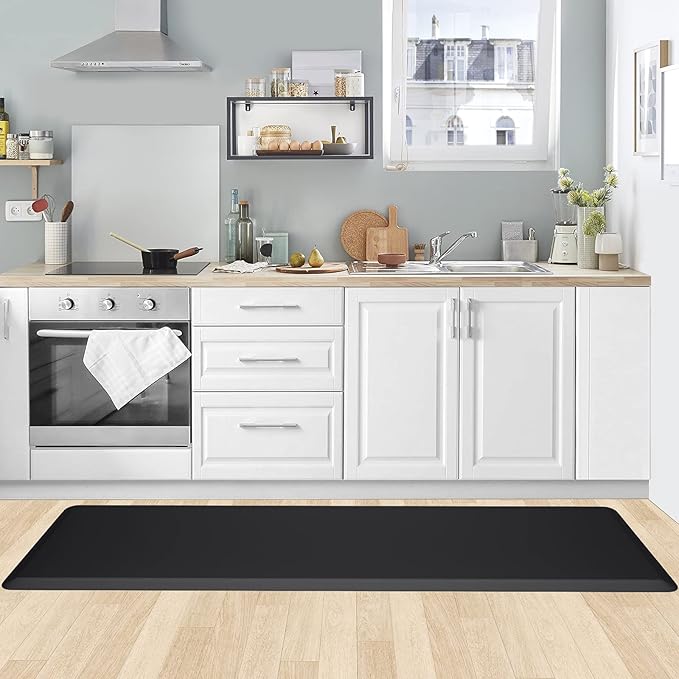 KitchenClouds Kitchen Mat Cushioned Anti Fatigue Rug 17.3"x60" Waterproof Non Slip Standing Desk Mat Comfort Floor Mats for House Sink Office (Black)