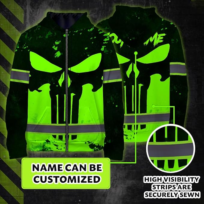 Maddly Hi Vis Reflective Zip Up Hoodie, High Visibility Safety Jacket with Skull Design for runner, worker, trucker, cyclist