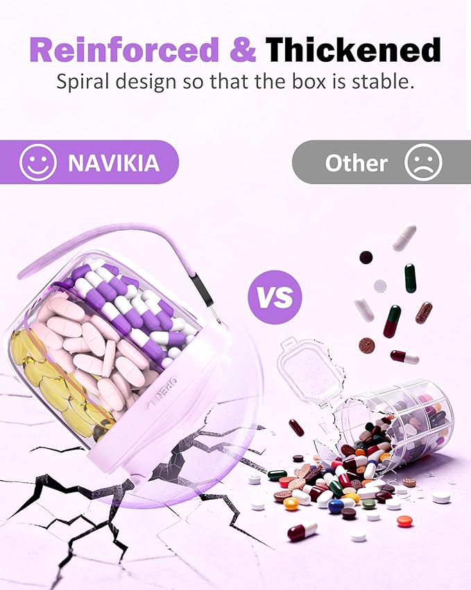 Cute Pill Organizer,Pill Dispenser with 7 Large Compartments,Portable Pill Bottle Box with Wide Opening for Easy Use, Anti-Mix Pills Organizer for Travel,Includes 20 Pcs Sticky Labels（Purple）