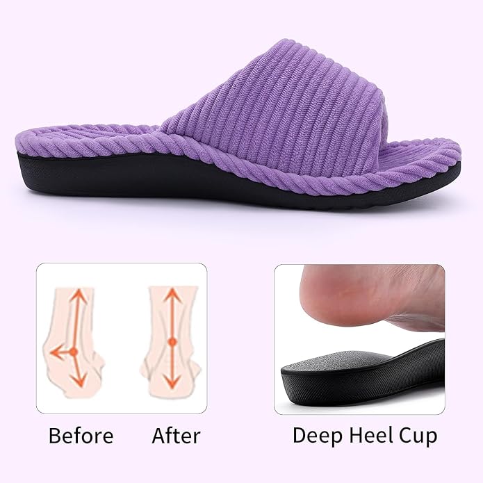 Litfun Orthopedic House Slippers for Women Adjustable Arch Support Indoor Slippers Open Toe Corduroy Bedroom Shoes