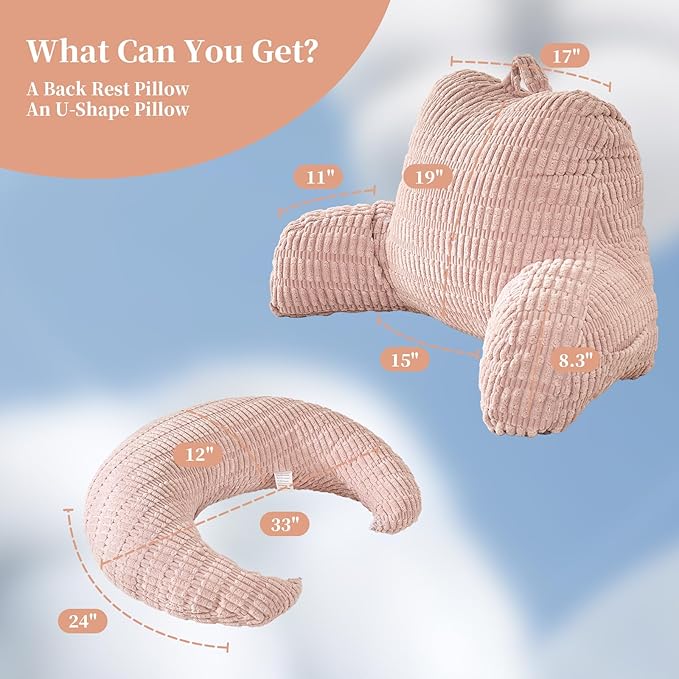 Back Pillow for Bed Sitting Up,U Shaped & Back Support Pillow for Bed,17" Backrest with Lumbar & Arm Support,Comfy Corduroy Fabric,Lap Pillow for Gaming/Reading/Watching TV,Pink