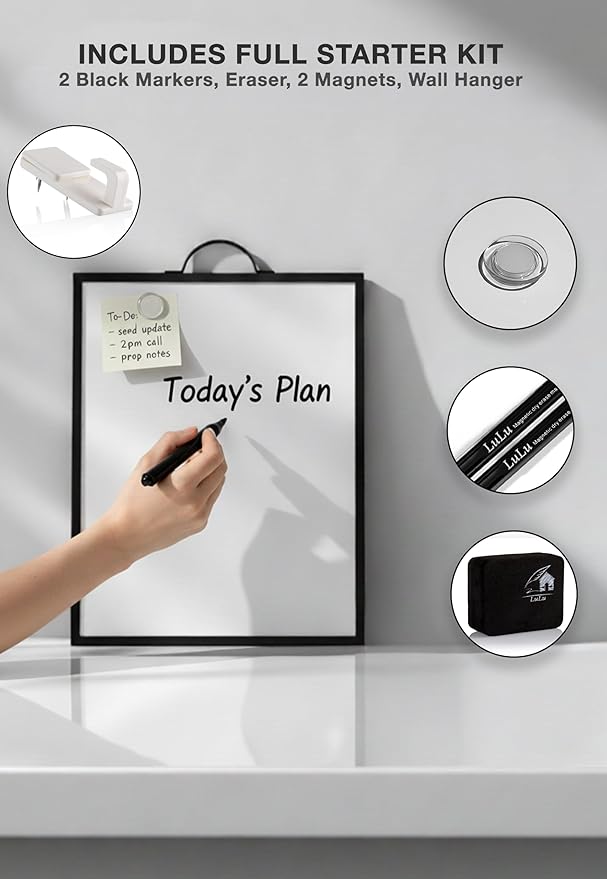 Small Magnetic Dry Erase Whiteboard 12x16 with Handle – Double-Sided Portable Board with Black Aluminum Frame – Includes Markers, Eraser & Magnets for Home and Office
