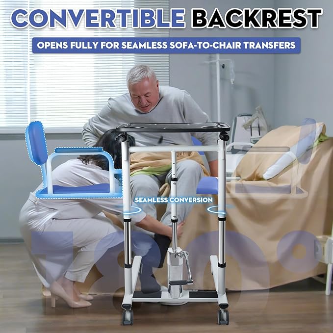 Drexo Patient Lift Transfer Chair, 5 in 1 Patient Lift Chair with 180°Split Seat, Height Adjustable Patient Transfer Chair with 4 Casters for Home Seniors Elderly, Load 450Lbs (Non-Fold, Blue)