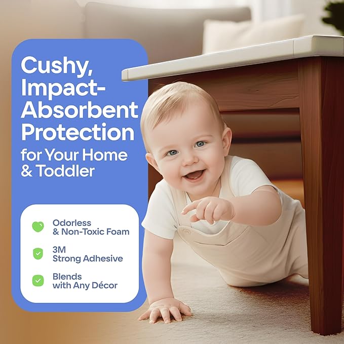 Furniture Edge 16.2ft & Corner Guards | Protective Foam Cushion | 15ft Bumper 4 Adhesive Childsafe Corners | Baby Child Proofing Foam Set and Safe for Table, Fireplace, Countertop | Brown