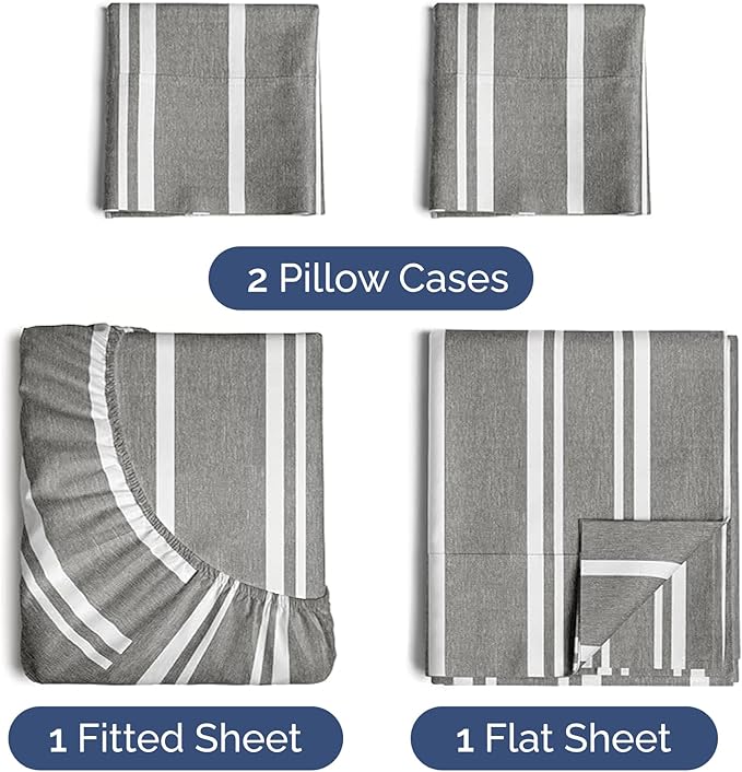 Twin XL 4 Piece Sheet Set - Cooling and Breathable Bed Sheets - Hotel Luxury Bed Sheets for Women, Men, Kids and Teens - Deep Pockets - Easy Fit - Soft and Wrinkle Free - Twin XL Grey Stripes Sheets