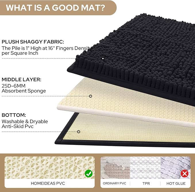 HOMEIDEAS 3 Pieces Bathroom Rugs, Extra Large Ultra Soft Non Slip Absorbent Chenille Toilet Bath Mat Set (Black)