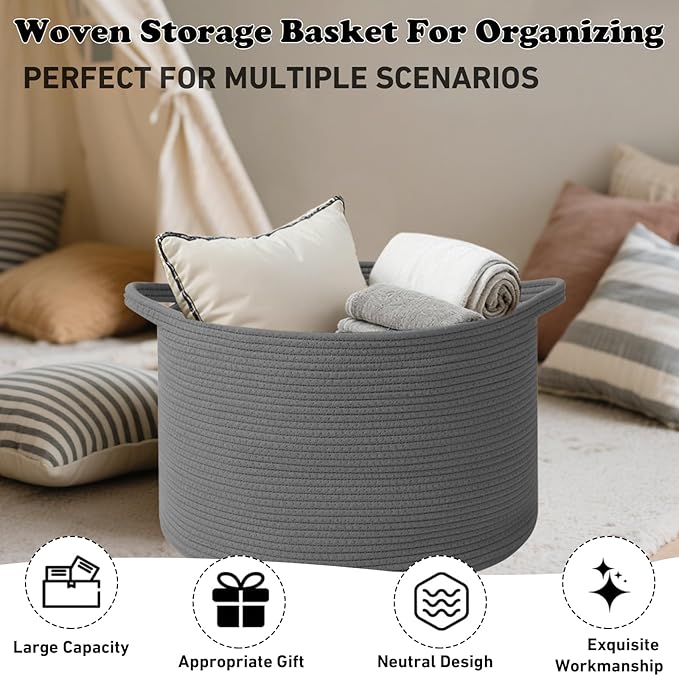 Large Storage Basket with Handle,19.7" L x 19.7" W x 13" H Blanket Basket Storage Bins for Organizing,65L Cotton Rope Woven Baskets for Living Room, Nursery ,Bedroom,Dark Gry