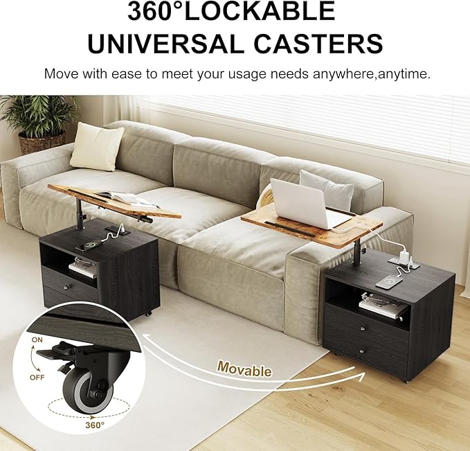 Bedroom Nightstand with Drawers & Charging Station, Adjustable Height Bedside Table with Wheels, Wooden Small Sofa Side Tables with Storage for Living Room, Black Brown