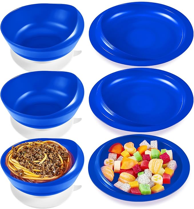 Hushee Adaptive Spill Proof Scoop Bowl and Plate Set with Suction Base Non Skid Self Feed Dinnerware for Elderly Disabled Handicapped from Parkinsons, Dementia, Stroke, Tremor(3 Sets,Blue)