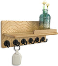 Key Holder Wall Decor-11.8" Solid Ash Wood Entryway Organizer with 6 Hooks & Extra Deep Storage Rack for Key, Mail, Wallet, Leash, Glasses, Hand-Polished & Stained, Easy-Assembly
