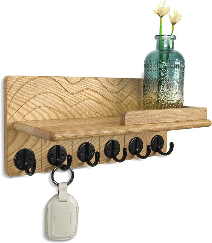 Key Holder Wall Decor-11.8" Solid Ash Wood Entryway Organizer with 6 Hooks & Extra Deep Storage Rack for Key, Mail, Wallet, Leash, Glasses, Hand-Polished & Stained, Easy-Assembly