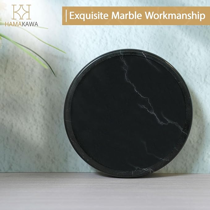 Natural Marble Soap Dish, Black Round Jewelry Dish 4.5 inch, Limestone Shower Soap Holder, Modern Stone Sponge Holder with White Stripe, Obsidian Bar Soap Saver Tray for Bathroom, Kitchen