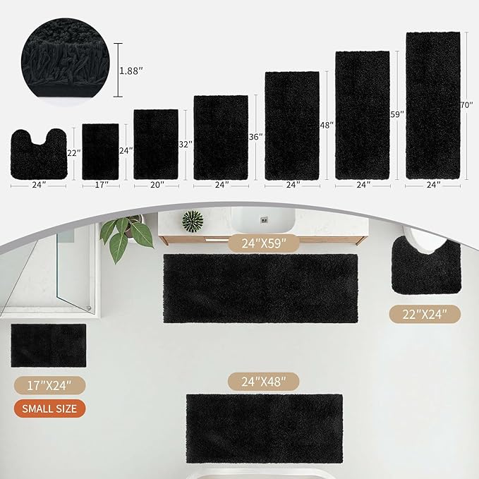 Black Bathroom Rug 24x36 Non Slip Fluffy Bath Mat for Bathroom Floor Washable Plush Luxury Bath Rug for Tub Soft Shaggy Shower Sink Mat