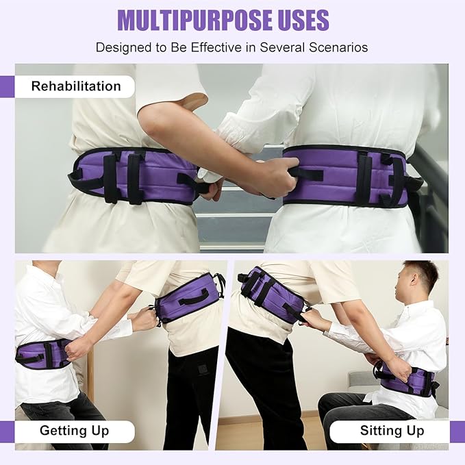 Rhino Valley Gait Belt for Senior with 7 Handles, 59" Anti-Slip Gate Belts medical for elderly, Transfer Belt with Quick Release Buckle, Elderly, Physical, Handicap, Bariatric Therapy, Purple + Black