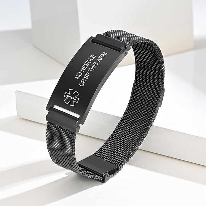 VNOX Medical Alert Id Bracelet for Men Women, Custom Engraving Adjustable Stainless Steel Customizable Mesh Emergency Survival Medic Bracelets Wristband Loop Band with Replacement Tag