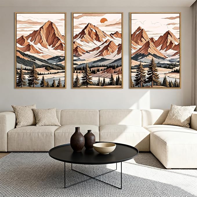 IARTTOP Framed Mountain Canvas Wall Art Large16x24 Inch Abstract Mountain Art Prints Set of 3 Vintage Nature Scenery Wall Decor for Living Room Bedroom Office