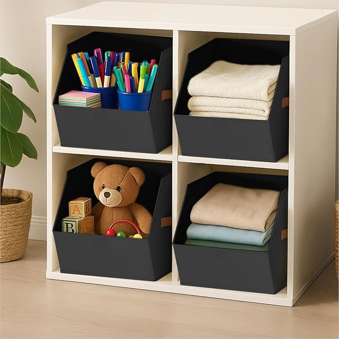 Large Closet Storage Cubes - Closet Storage Bins with Dual Handles for Clothes, Towels, Toys, Shelf Organizer Bins for Bedroom, Nursery, Shelves, Small Spaces, Black, 4 Pack