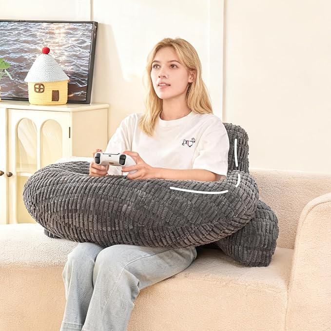 Back Pillow for Bed Sitting Up,U Shaped & Back Support Pillow for Bed,19" Backrest with Lumbar & Arm Support,Comfy Corduroy Fabric,Lap Pillow for Gaming/Reading/Watching TV,Gray