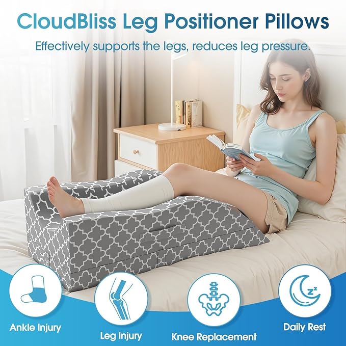 CloudBliss Leg Pillow, Leg Elevation Pillow for After Surgery, Adjustable Memory Foam with Ice Sick Cover, Wedge Pillow for Blood Circulation, Knee Pillows for Back Knee Grey