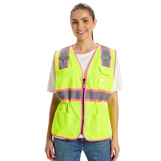 Hi Vis Safety Vest for Women,Working Drawstring Waist Construction Vest with Pockets and Zipper,Womens Safety Vest,ANSI Type R Class2