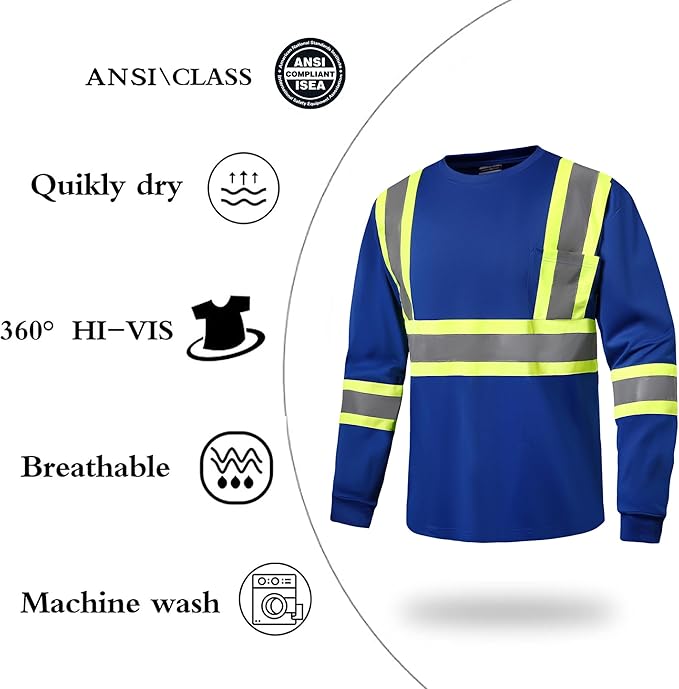 Hi Vis Safety Long Sleeve Shirts，High Visibility Class 3 T Shirts with Reflective Strips and Pocket, Quick Dry Mesh Construction Work Shirt for Men/Women (Blue,3XL)