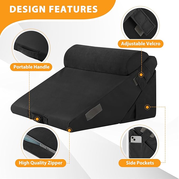 3PCS Wedge Pillow Set for After Surgery, Adjustable 9&12 Inch Bed Wedge Pillow for Sleeping, Incline Pillow Wedge for Headboard, Post Surgery, Acid Reflux, Neck&Back Support, Black